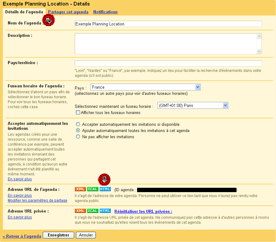 Adresse URL de l'agenda